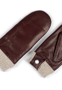 Bruine leren wanten met een gebreide beige manchet, voorzien van een zilveren knopen detail met het opschrift "HOWARD." Soepele textuur en afgeronde vorm.