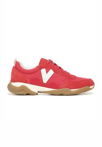 Red athletic shoe featuring a mix of suede and synthetic materials, white accents, a cushioned sole, and a rounded toe design.