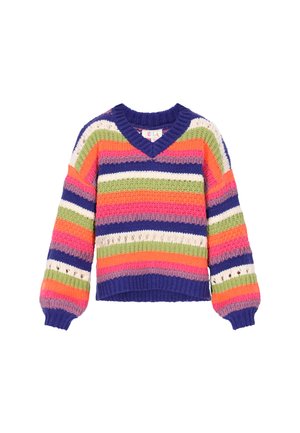 Multicolore gebreide trui met een V-hals, lange pofmouwen en horizontale strepen in paars, pink, oranje en groen.