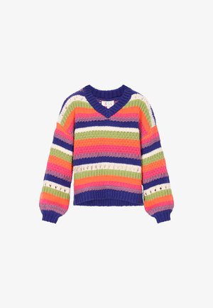 Vícebarevný pletený svetr s výstřihem do V, dlouhými nafouklými rukávy a horizontálními pruhy v purpurové, růžové, oranžové a zelené barvě.