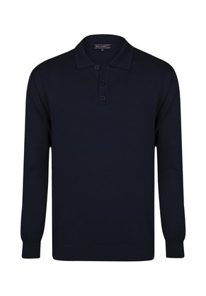 Pull polo bleu marine pour homme à manches longues, avec patte à trois boutons et bords-côtes aux poignets et à l'ourlet.