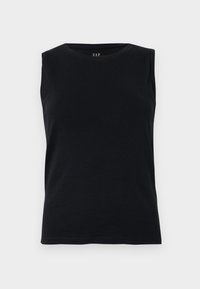 Top negro sin mangas de escote redondo con dobladillo recto, hecho de tejido suave, mostrado plano sobre un fondo claro y liso.