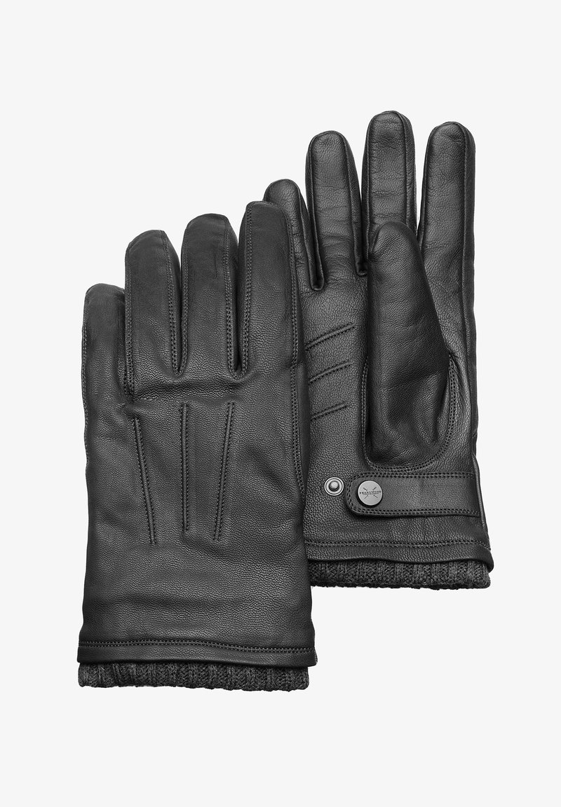 Schwarze Lederhandschuhe mit einer strukturierten Oberfläche, ausgestattet mit einem gestrickten Bündchen und dezenten Stickereidetails, die mit einem Druckknopfverschluss gesichert sind.