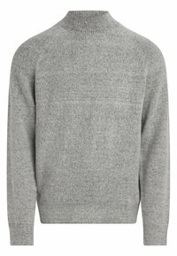 Hellgrauer Strickpullover mit hohem Kragen und geripptem Design. Verfügt über lange Ärmel und eine lockere Passform. Keine sichtbaren Muster oder Akzente.