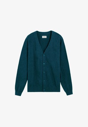 Cárdigan color azul verdoso hecho de una tela suave, con escote en V, mangas largas y cierre de cinco botones. Presenta puños y dobladillo acanalados.