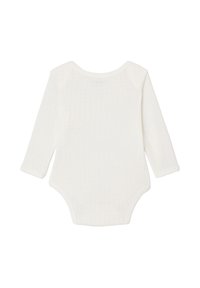 Weißer Langarm-Body aus strukturiertem Stoff, mit rundem Ausschnitt und Druckknopfverschluss am unteren Teil für ein einfaches Ankleiden.