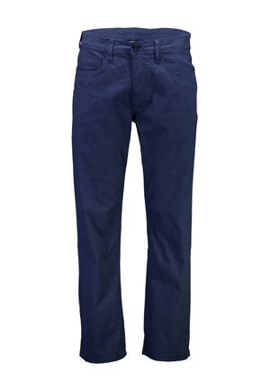 Pantaloni in cotone blu navy con taglio dritto, dotati di chiusura con zip, bottone e cinque tasche. Tessuto strutturato con motivo sottile.