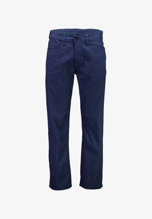 Marineblaue Baumwollhose mit geradem Schnitt, ausgestattet mit Reißverschluss, Knopfverschluss und fünf Taschen. Strukturierter Stoff mit dezentem Muster.