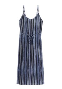 Robe sans manches à rayures bleues et noires, avec une taille à nouer et une silhouette droite. Tissu doux et léger avec une texture apparente.