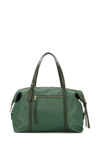 Borsa a mano in pelle verde con due manici, finitura texture, due tasche con zip e dettagli in metallo color oro.