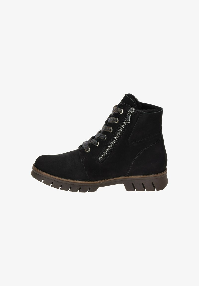 Schwarze Wildleder Stiefeletten mit Schnürung vorne, seitlichem Reißverschluss und strukturiertem Gummisohle. Mit gepolstertem Kragen und kontrastierenden grauen Schnürsenkeln.