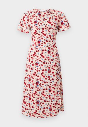 Μπεζ μίντι φόρεμα τύπου ζακέτα με κοντά μανίκια και κόκκινο, μπλε και καφέ λουλουδάτο μοτίβο.