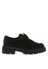 Chaussure en daim noir à lacets avec un bout arrondi, semelle en caoutchouc noire épaisse et détails de design minimalistes. Présente une texture lisse.