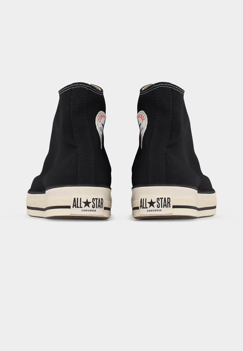 Sneakers Converse All Star nere alte mostrate da dietro con suole bianche che presentano il logo All Star.