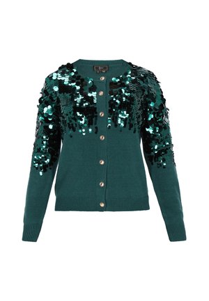 Türkisfarbener Cardigan mit rundem Halsausschnitt, Knopfleiste und langen Ärmeln. Verziert mit schwarzen und grünen Pailletten auf den Schultern. Weiche Textur.