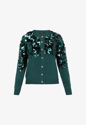 Türkisfarbener Cardigan mit rundem Halsausschnitt, Knopfleiste und langen Ärmeln. Verziert mit schwarzen und grünen Pailletten auf den Schultern. Weiche Textur.