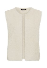 Faux-Fur-Weste in Off-White, ärmelloses Design mit rundem Ausschnitt. Weiche Textur, offenes Vorderteil, lässiger Stil, keine sichtbaren Verschlüsse.