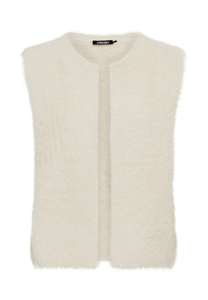 Gilet in pelliccia sintetica di colore bianco sporco, senza maniche e con scollo tondo. Tessuto morbido, apertura frontale, stile casual, senza chiusure visibili.