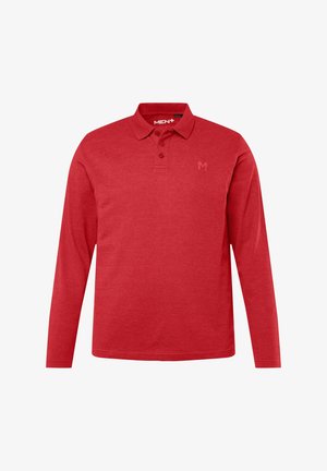 Rotes Langarm-Polohemd aus weichem Stoff. Verfügt über einen Kragen, drei Knöpfe und ein dezentes Logo auf der Brust. Glatte Textur.
