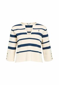Gestreifter Pullover in Creme mit navyblauen horizontalen Streifen, V-Ausschnitt, dreiviertellangen Ärmeln und Knopfakzenten an den Ärmelbündchen.