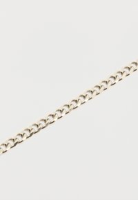 Αλυσίδα από ασημί μέταλλο με επίπεδους οβάλ κρίκους που συνδέονται μεταξύ τους, πάνω σε απλό ανοιχτό φόντο.