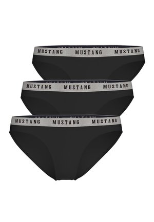 Three black women's briefs with gray elastic waistbands featuring the word "MUSTANG" in black letters.