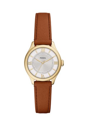 Orologio rotondo in oro con quadrante bianco, numeri romani, cinturino in pelle marrone e tre lancette dorate che segnano le 10:10:35.