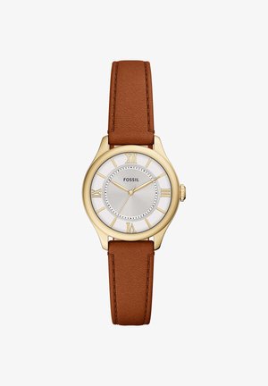 Rond gouden horloge met witte wijzerplaat, Romeinse cijfers, bruine leren band en drie gouden wijzers die 10:10:35 aangeven.