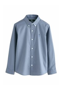 Camicia a maniche lunghe azzurro chiaro con colletto a pulsante, bottoni frontali e logo ricamato sul petto. Tessuto di cotone liscio.