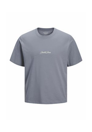 Light gray short-sleeve crew-neck t-shirt with "Jack & Jones" text logo in white centered on the chest.