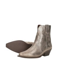 Metallische zilveren enkelboots met een spitse neus, textuur leer en een lage gestapelde hak. Voorzien van zijhandvatten voor gemakkelijk aantrekken.