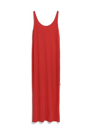 Abito rosso senza maniche con scollatura tonda, realizzato in tessuto liscio, caratterizzato da una vestibilità ampia e una silhouette dritta. Nessun motivo o accento visibile.