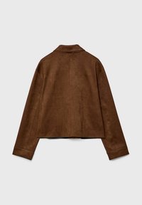 Brown suede long-sleeve jacket with a collar shown from the back on a light gray background.