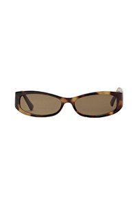 Tortoiseshell sunglasses with brown lenses; sleek, slightly curved frame, and narrow arms. Textured finish enhances grip and style.