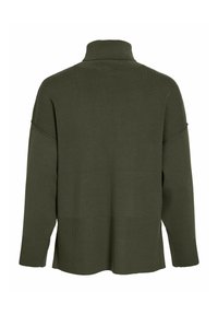 Pull en maille côtelée vert olive avec un col haut, une conception à épaules tombantes et une coupe légèrement oversize. La vue arrière montre un style minimaliste.