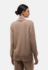 Pull à col roulé beige en tissu doux et texturé ; dispose de poignets et d'un ourlet côtelés, coupe décontractée avec un détail de couture au dos du col.