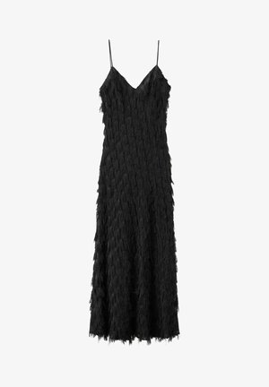 Black ankle-length slip dress with thin straps and textured fringe fabric detailing throughout.