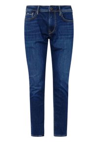 Dark blue jeans made of denim, featuring a straight cut, five pocket design, and a standard button closure. Smooth texture, minimal fading.