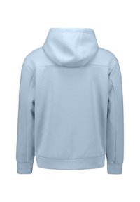 Lichtblauwe hoodie gezien van achteren met lange mouwen, een capuchon en geribbelde boorden aan de mouwen en zoom, op een witte achtergrond.