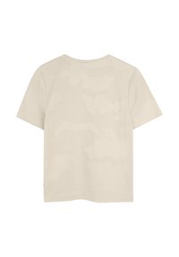 T-shirt a maniche corte, di colore beige chiaro, con un sottile motivo di camouflage texturizzato, dotato di colletto rotondo e vestibilità standard.