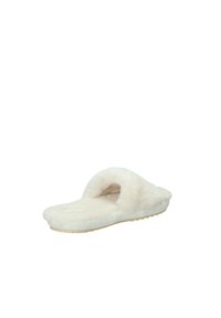 Ciabatta in pelliccia sintetica di colore crema con design aperto, suola piatta e suola testurizzata per una migliore aderenza. Materiale morbido e soffice.