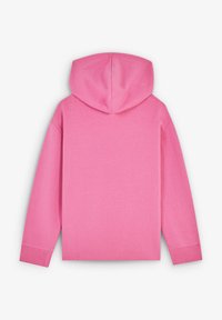 Różowa bluza z kapturem, wykonana z miękkiego materiału, z długimi rękawami i ściągaczami na rękawach. Prosty design bez widocznych wzorów czy akcentów.