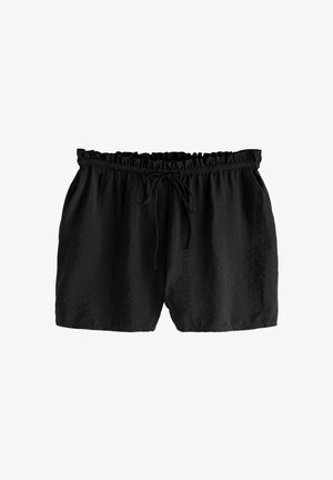 Juodi, lengvi šortai su elastinga juosmeniu, turinčiu raukinį ir atitinkančią raištelį. Lygus paviršius, kasdieniškas dizainas.