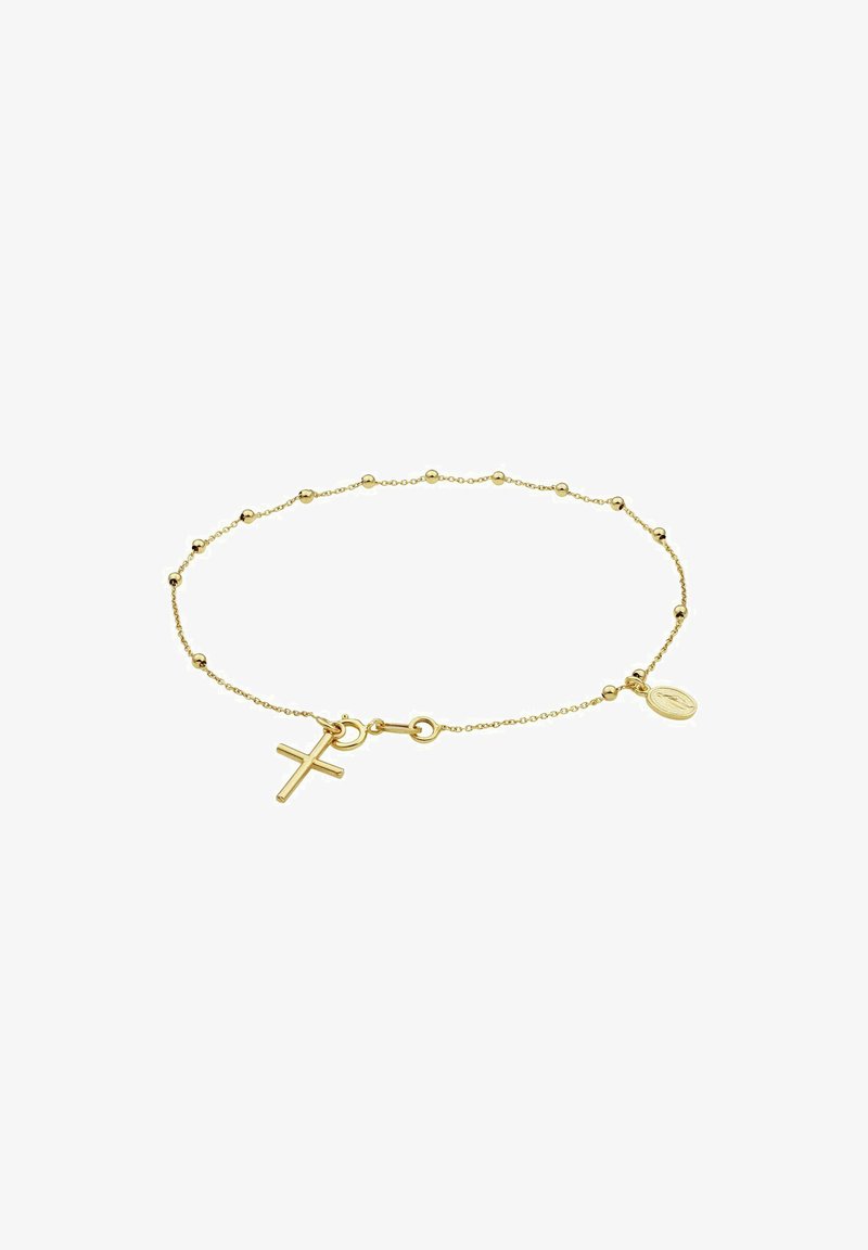 Kuldne kettkäevõru, millel on väikesed ümmargused helmed, ristikujuline võlu ja ringikujuline ripats, kõik poleeritud viimistlusega ja turvalise lukuga.