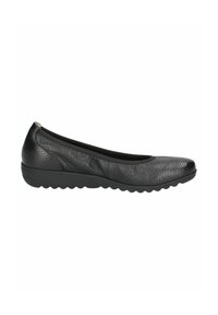 Black leather ballet flat with a round toe, textured surface, and a low rubber outsole. Features a simple, sleek design without embellishments.