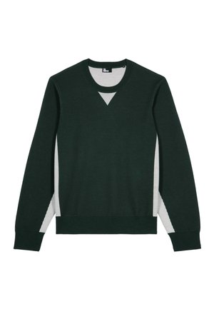 Donkergroen sweater met lange mouwen, met een lichtgrijze driehoekige detail bij de halslijn en lichtgrijze panelen langs de zijkanten en onder de mouwen.