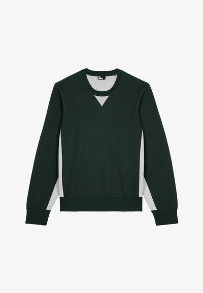 Donkergroen sweater met lange mouwen, met een lichtgrijze driehoekige detail bij de halslijn en lichtgrijze panelen langs de zijkanten en onder de mouwen.