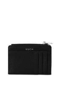 Černá kožená peněženka s texturovaným povrchem, se zapínáním na zip a několika sloty na karty. Stříbrné logo "VUCH" na přední straně.