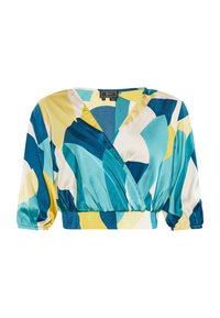 Blusa a maniche corte in tessuto setoso, con design avvolgente e una combinazione di motivi astratti in blu, verde acqua, giallo e bianco. Orlo elastico.