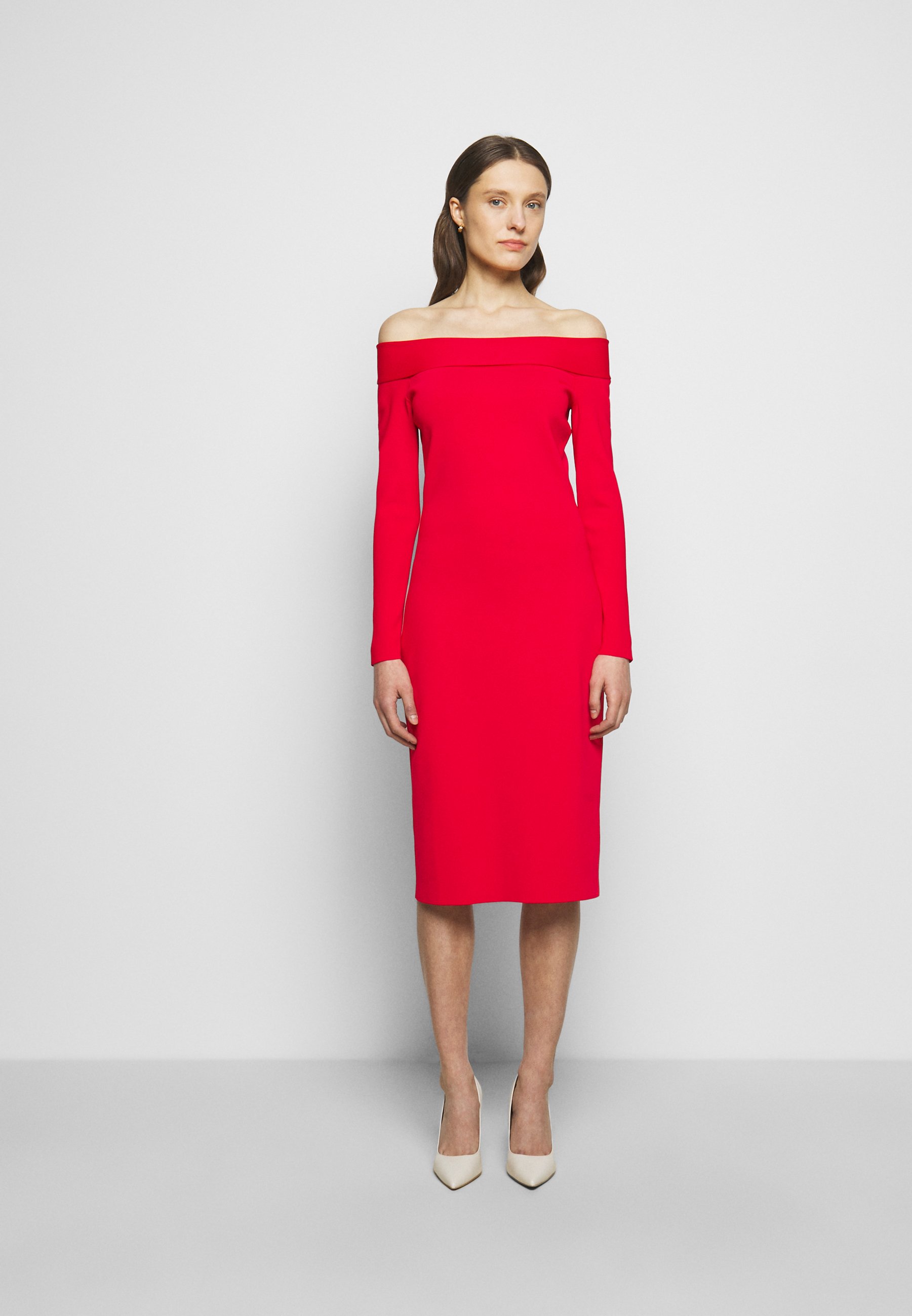 Victoria Beckham Compact Shine Bardot Fitted Dress Robe Fourreau Red Rouge Zalando Fr